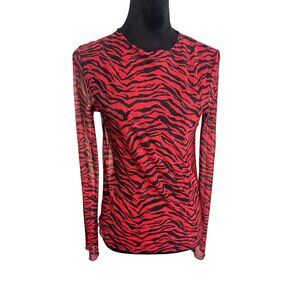 Zara Long Sleeve Y2K Red and Black Zebra Striped Mesh Top Size Medium